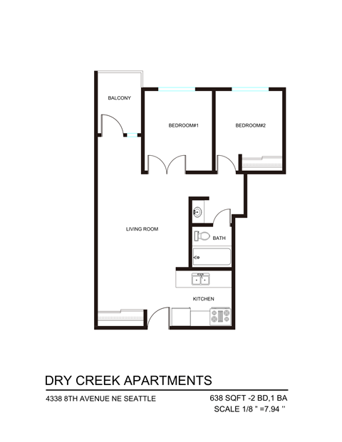 Floor plan for 2 beds, 1 bath, 595 sqft